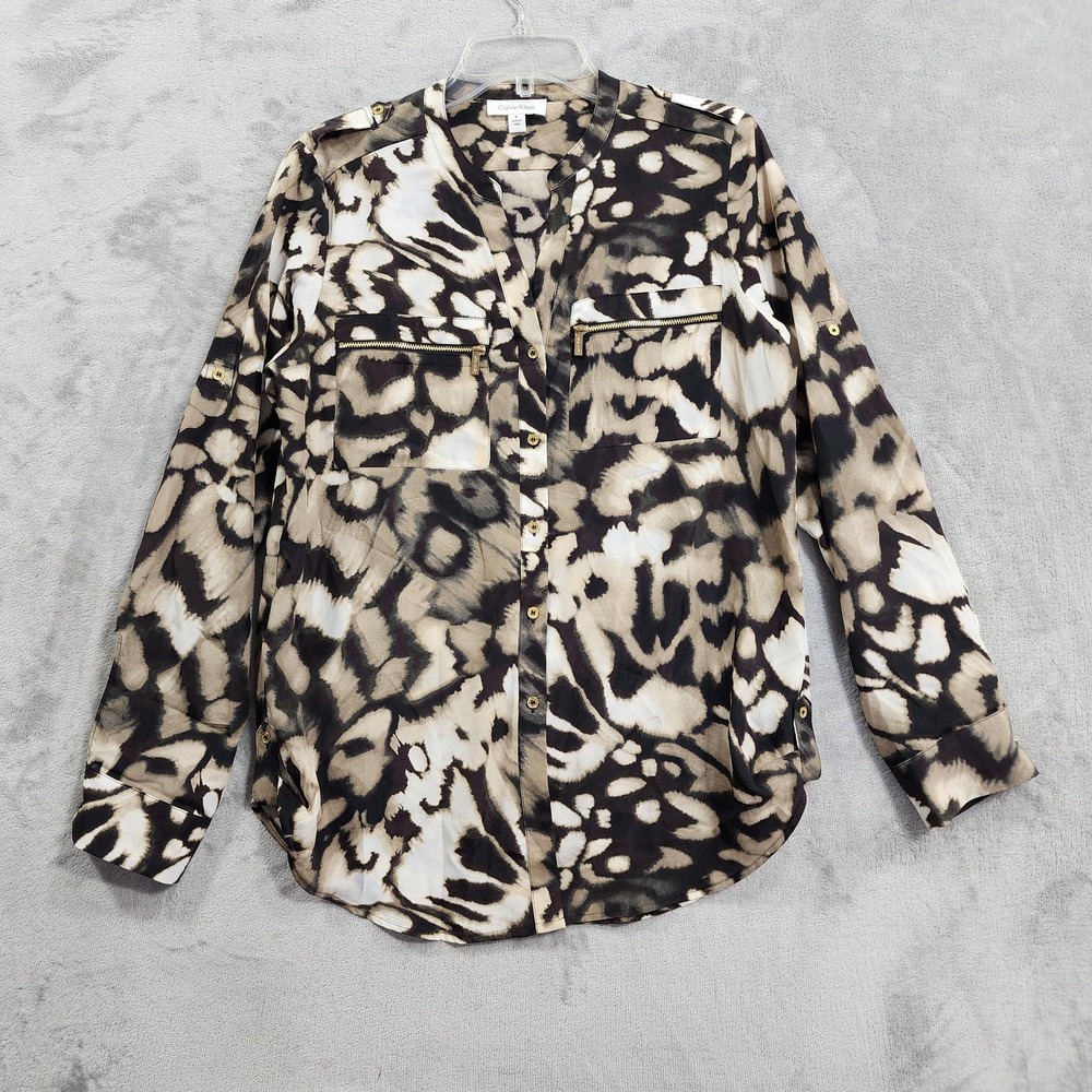 Calvin Klein Shirt Womens S Beige Animal Print Roll Tab Sleeve Zip Pocket Tunic
